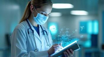 Doctor with tablet showing connected healthcare environment