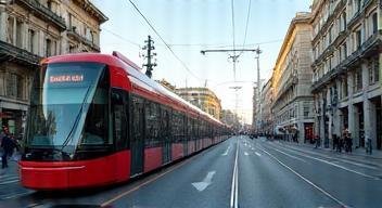 Modern trams and subway with telecom masts in urban Milan