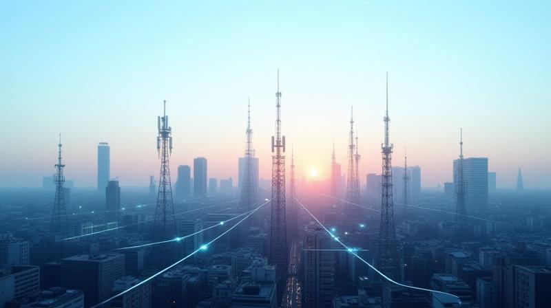 Milan city skyline with telecom towers and high-speed connections visualized